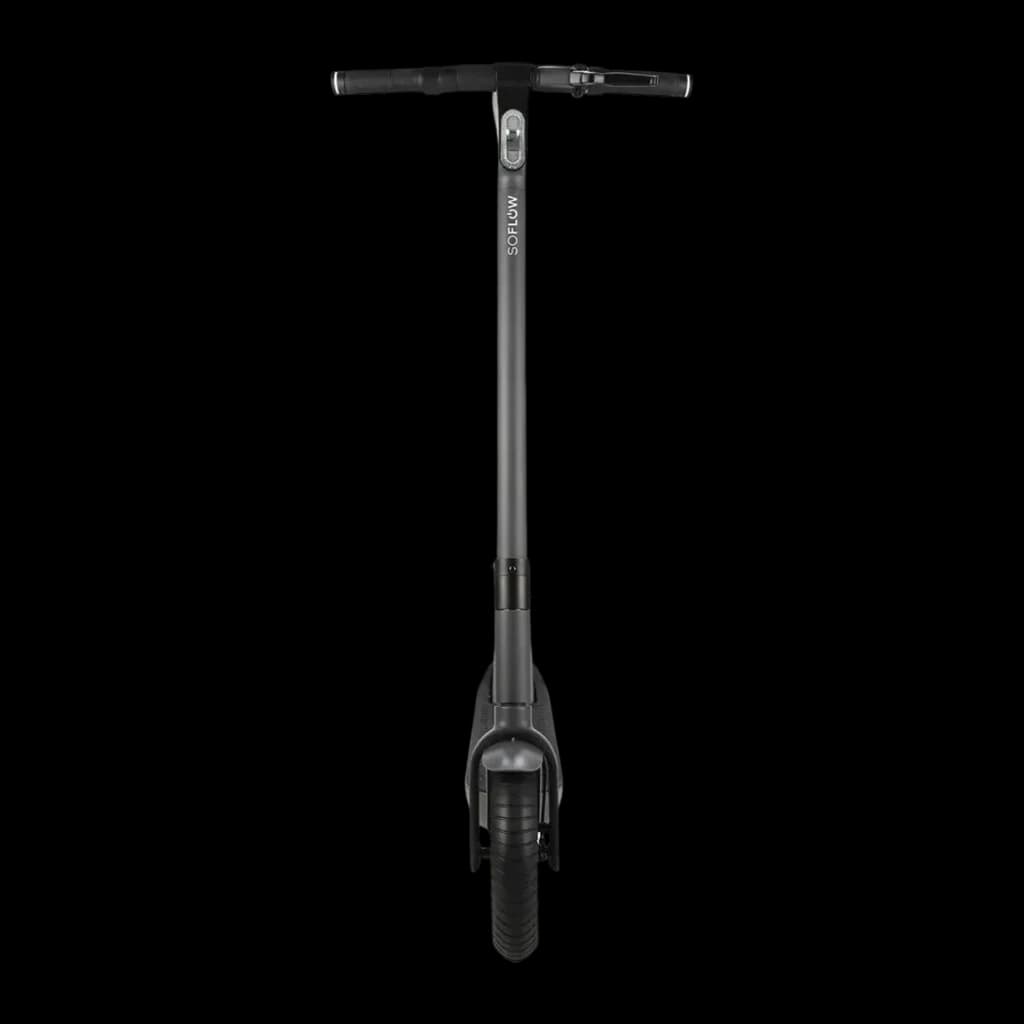 Trottinette électrique SoFlow SO ONE Pro 500W 65km 22km/h 10 pouces Noir, détail avant: guidon, logo et roue avant visibles