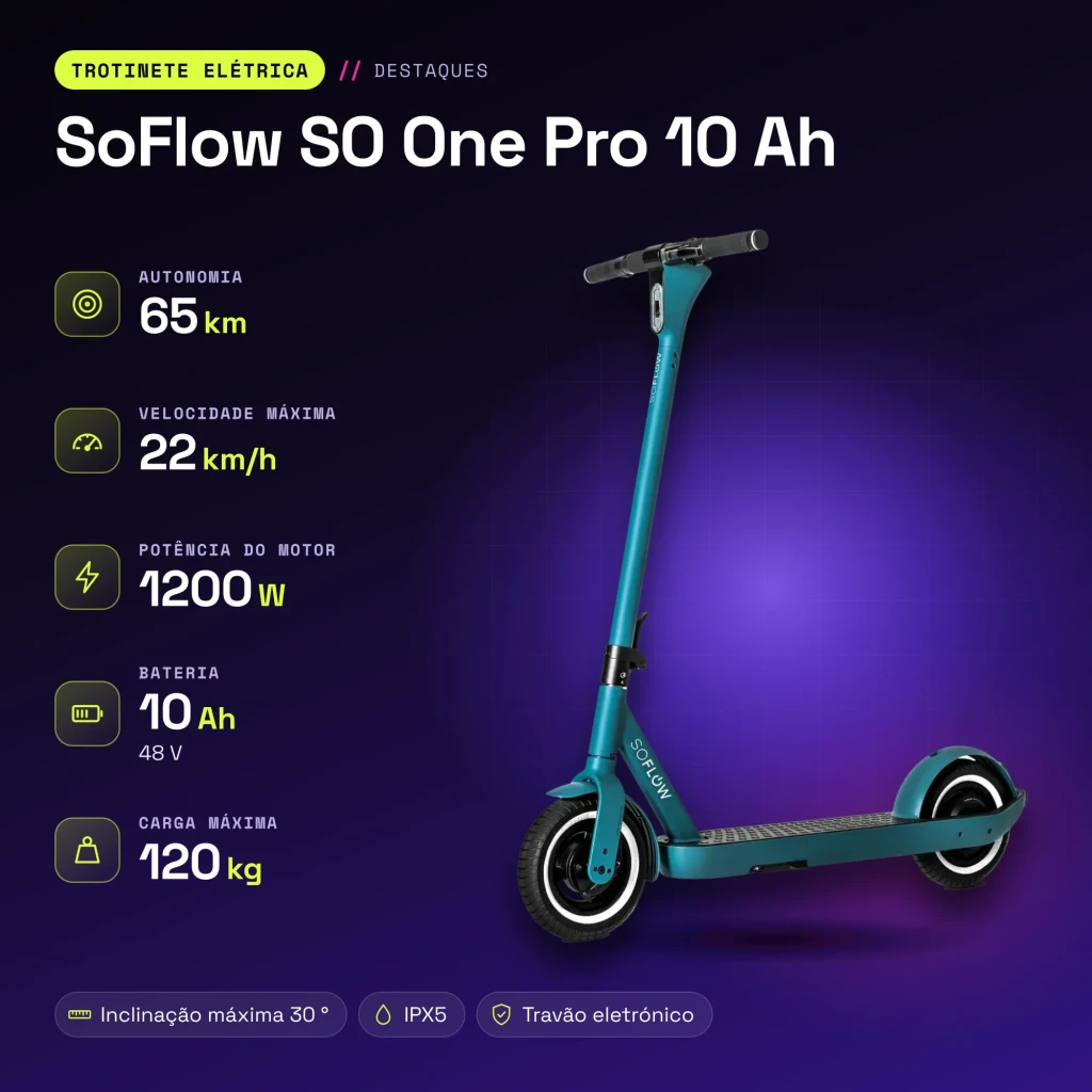 Trottinette électrique SoFlow SO One Pro 10 Ah 1200W 65km 22km/h 10 pouces Vert - caractéristiques