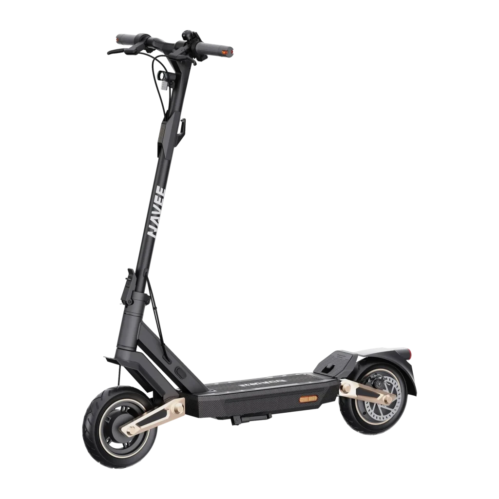 Patinete eléctrico NAVEE ST3 25km/h Negro, vista frontal: chasis negro con logo NAVEE, manillar y ruedas anchas con detalles
