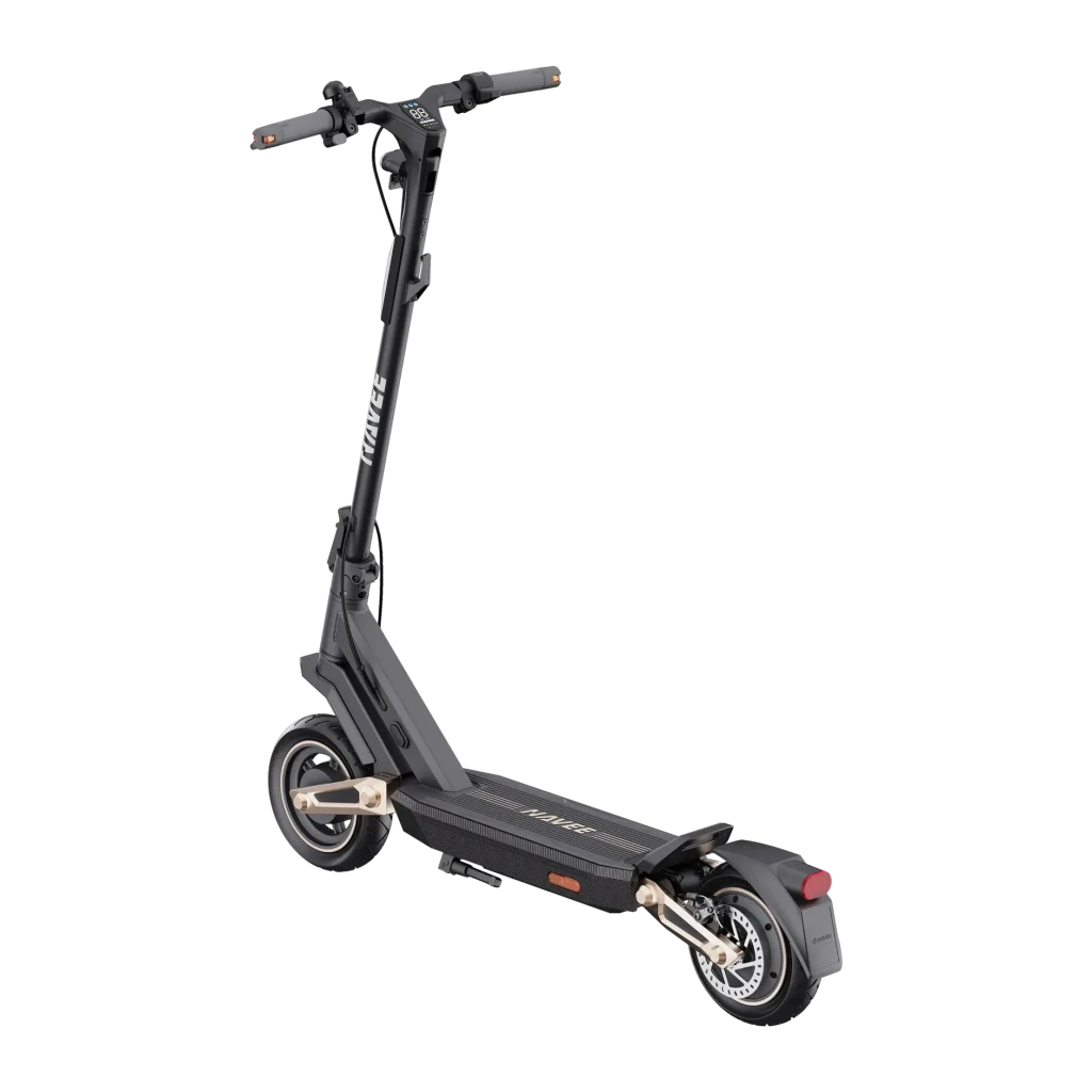 Patinete eléctrico NAVEE ST3 25km/h Negro, vista trasera: manillar con pantalla, deck texturizado, rueda trasera con freno