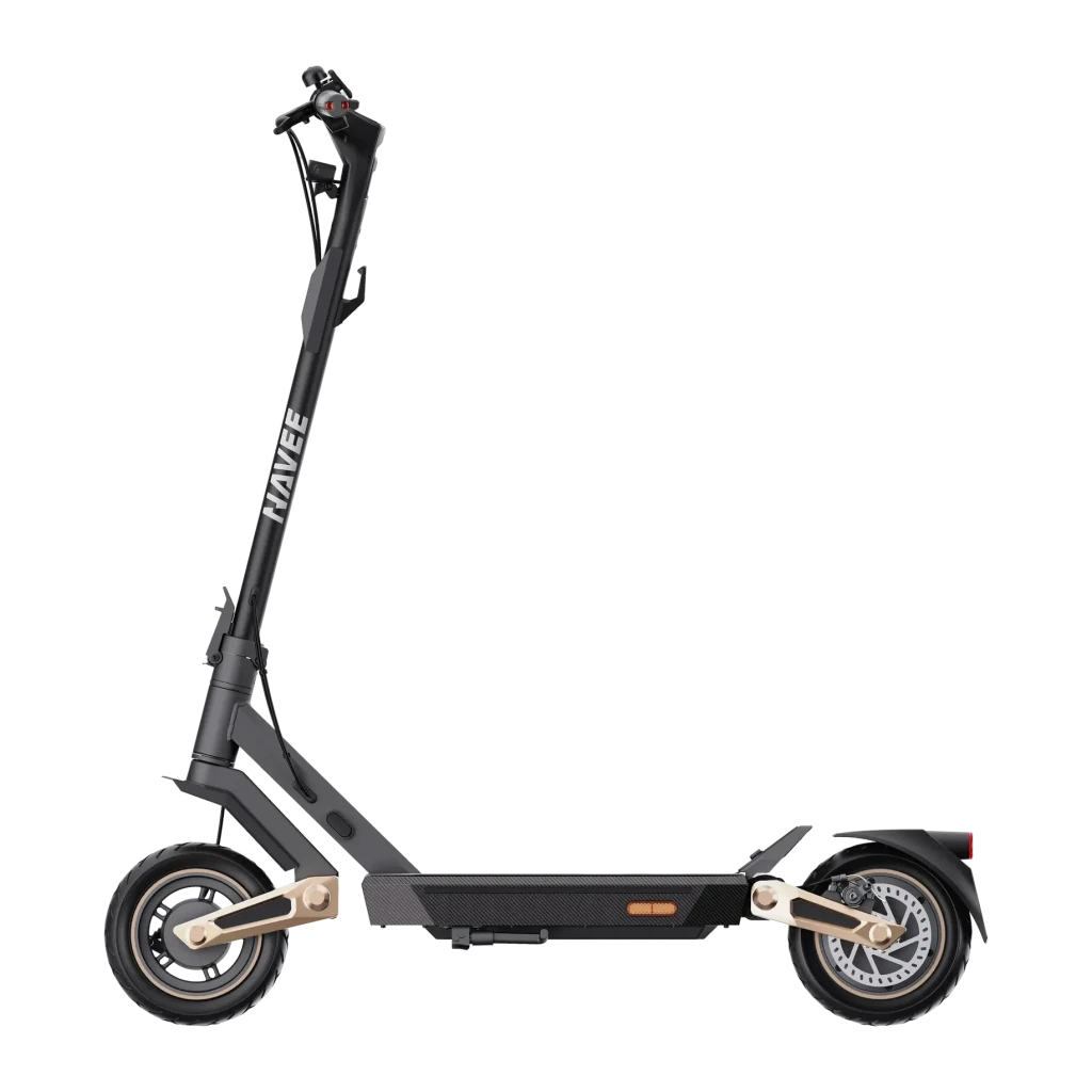 Patinete eléctrico NAVEE ST3 25km/h Negro, detalle lateral: logo NAVEE en tubo, deck carbono y acentos dorados