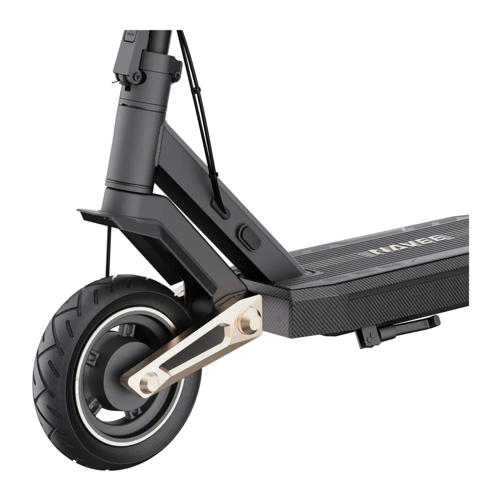 Patinete eléctrico NAVEE ST3 25km/h Negro, detalle: rueda trasera con horquilla dorada y plataforma con logo
