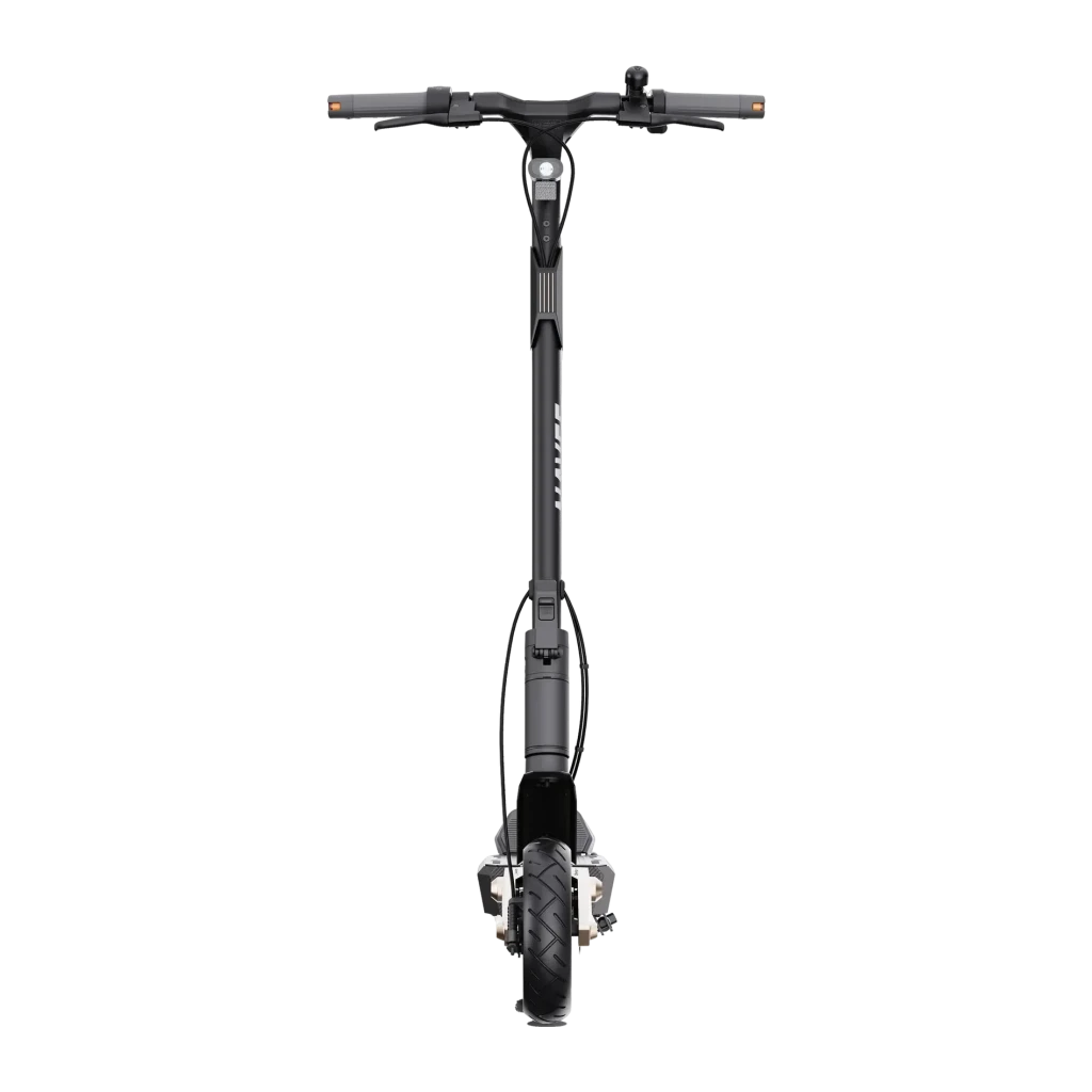 Patinete eléctrico NAVEE ST3 25km/h Negro, detalle frontal: manillar, poste con logo y rueda delantera con motor