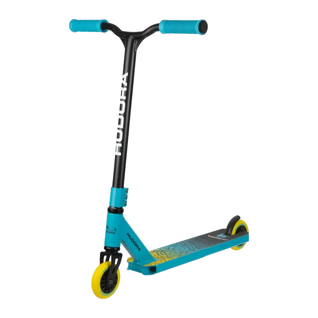 Patinete Hudora Stunt Scooter Kids 6-10 años Azul Claro, vista frontal: manillar negro, deck azul con gráficos y ruedas
