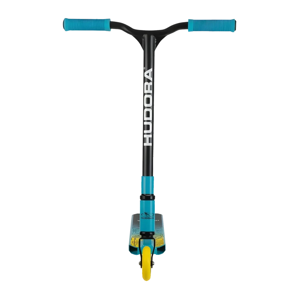 Patinete Hudora Stunt Scooter Kids 6-10 años Azul Claro, detalle frontal: manillar T negro con puños azul claro y rueda