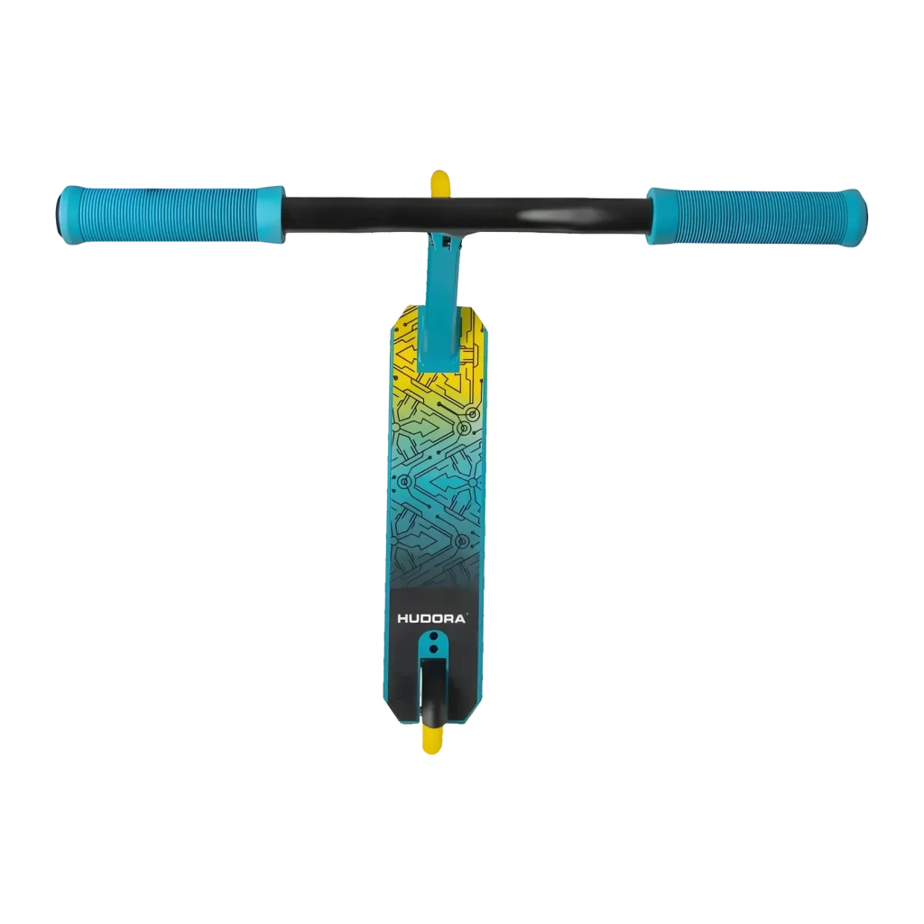 Patinete Hudora Stunt Scooter Kids 6-10 años Azul Claro, detalle cenital: manillar negro con puños azules y deck con gráfico