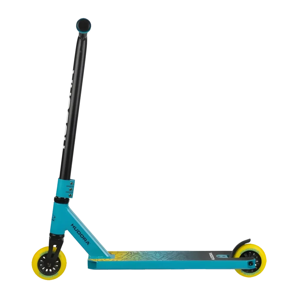 Patinete Hudora Stunt Scooter Kids 6-10 años Azul Claro, detalle lateral: manillar negro, deck azul con gráficos y ruedas