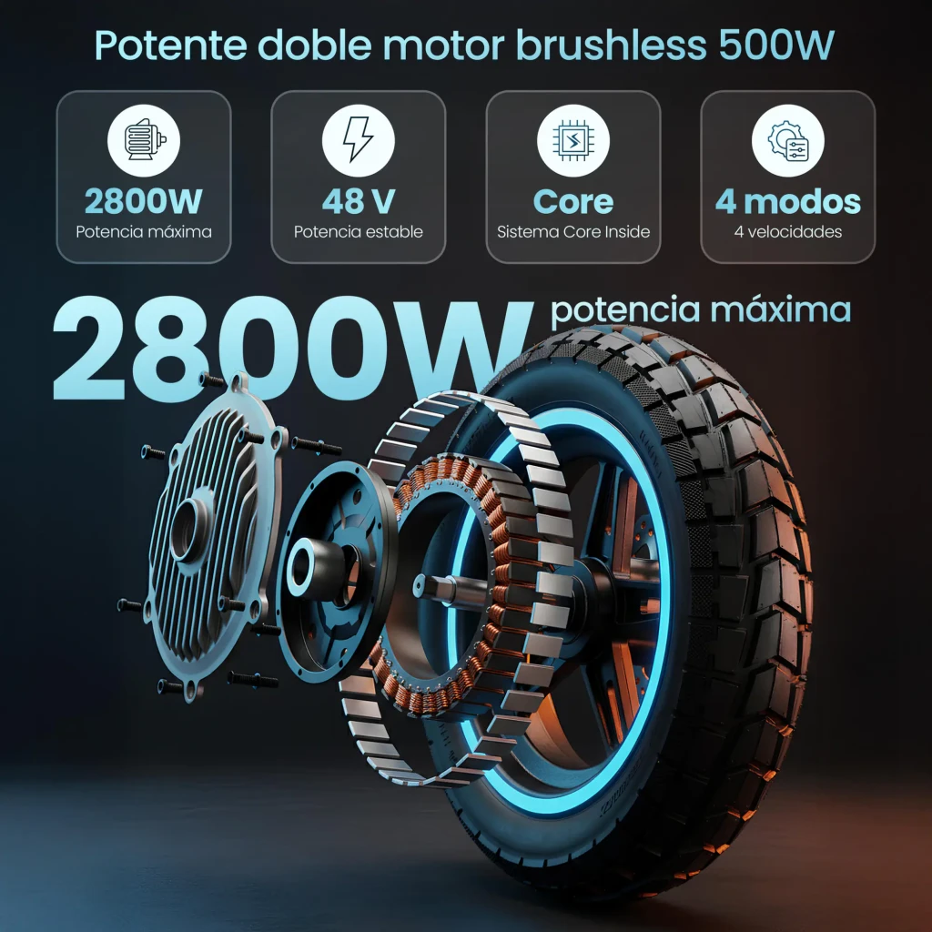 Patinete Eléctrico Smartgyro Rockway GT Dual 1000W 50km 25km/h 10 pulgadas Negro, detalle motor: rueda 10" con motor
