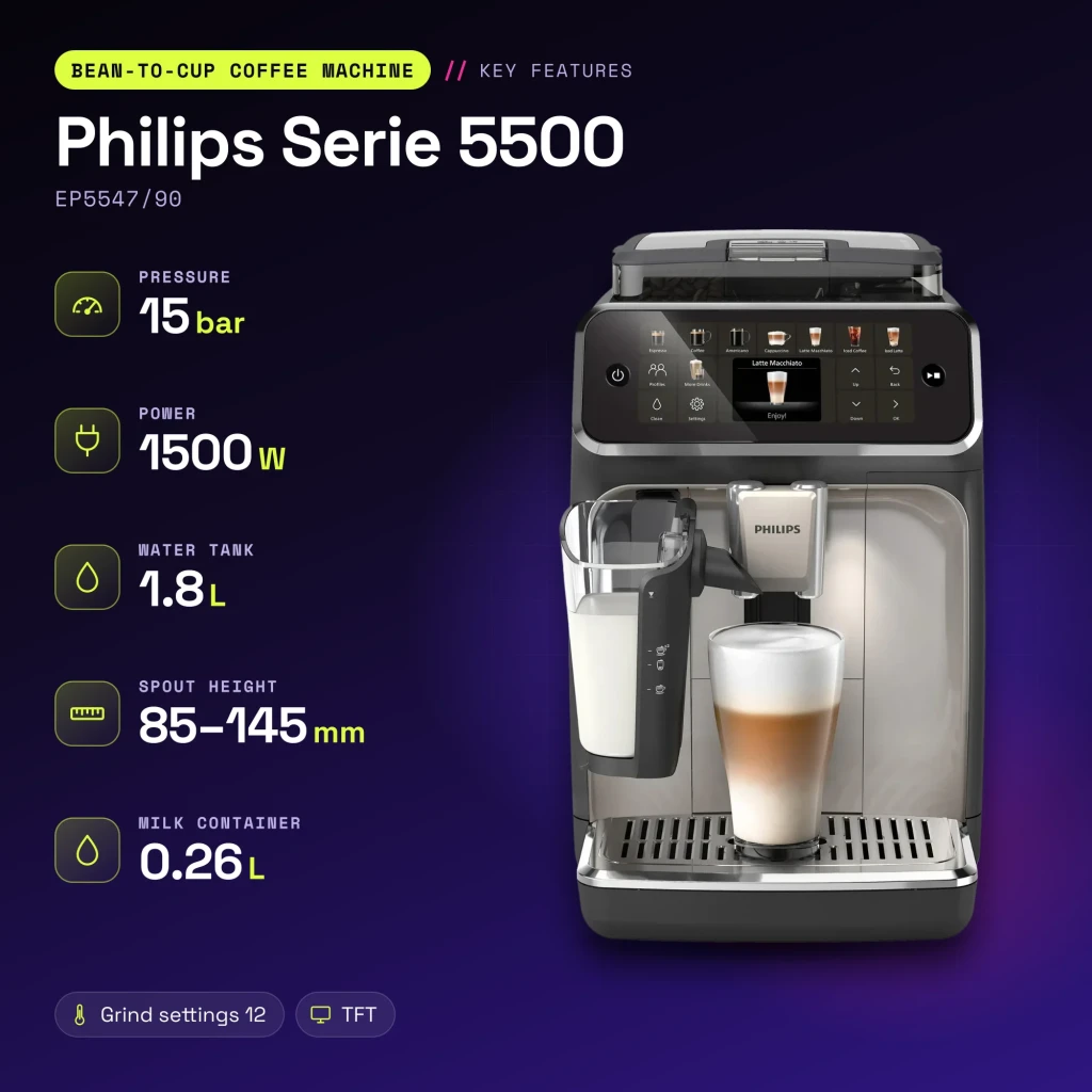 Cafetera Superautomática Philips Serie 5500 EP5547/90 Molinillo Cerámico LatteGo Gris - características