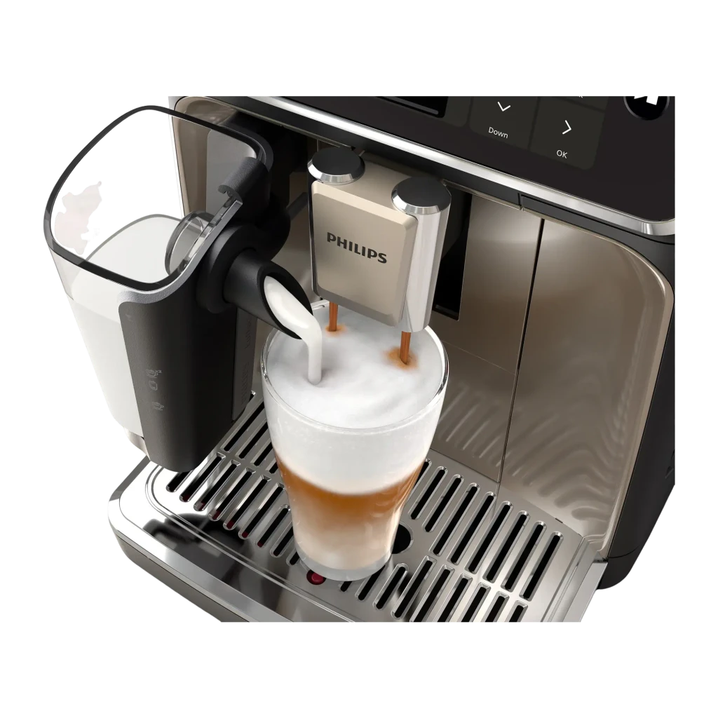 Cafetera Superautomática Philips Serie 5500 EP5547/90 Molinillo Cerámico LatteGo Gris, detalle: sistema LatteGo vertiendo