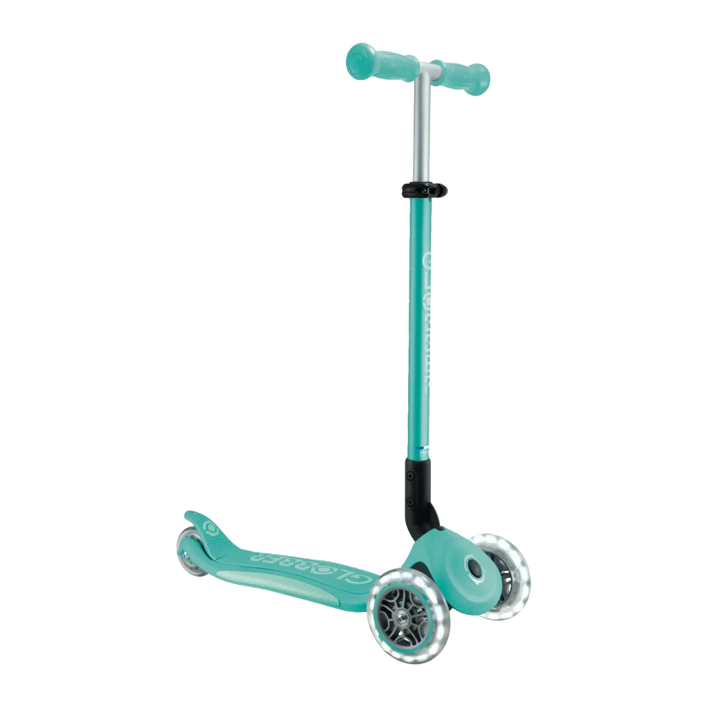 Patinete infantil Globber Primo Foldable Plus Lights 3 ruedas, plegable, luces LED Verde Menta, vista frontal: manillar T