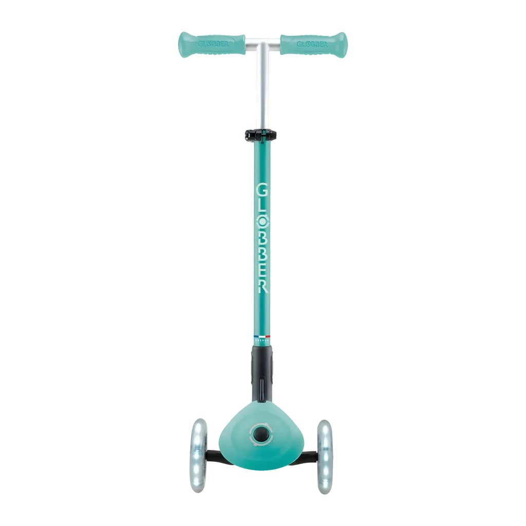 Patinete infantil Globber Primo Foldable Plus Lights 3 ruedas, plegable, luces LED Verde Menta, detalle frontal: manillar