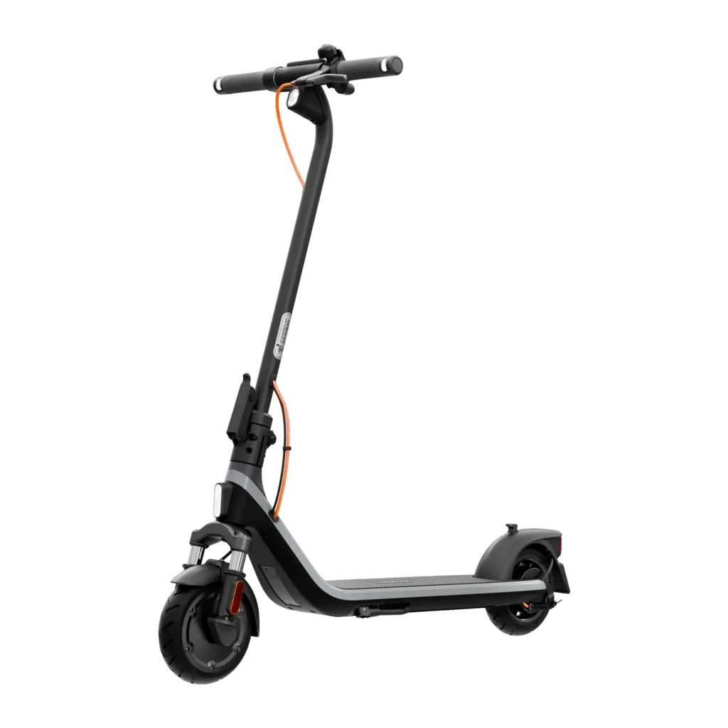 Trottinette Électrique Ninebot by Segway KickScooter E2 Pro E Noir, vue de face: guidon, câble orange et roues visibles