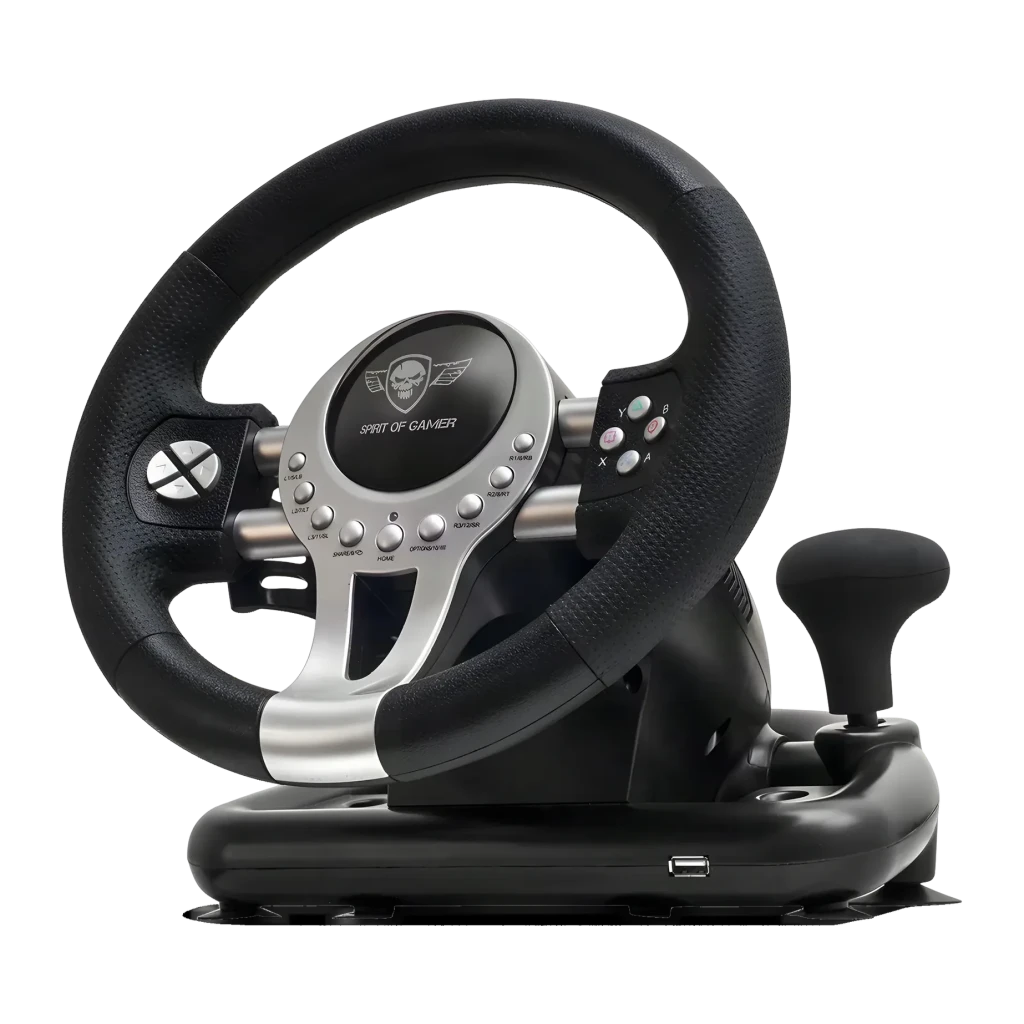 Volante gaming Spirit of Gamer Race Wheel Pro 2 PC/PS4/PS3/Xbox One Preto/Prata, vista frontal: aro preto texturizado, hub