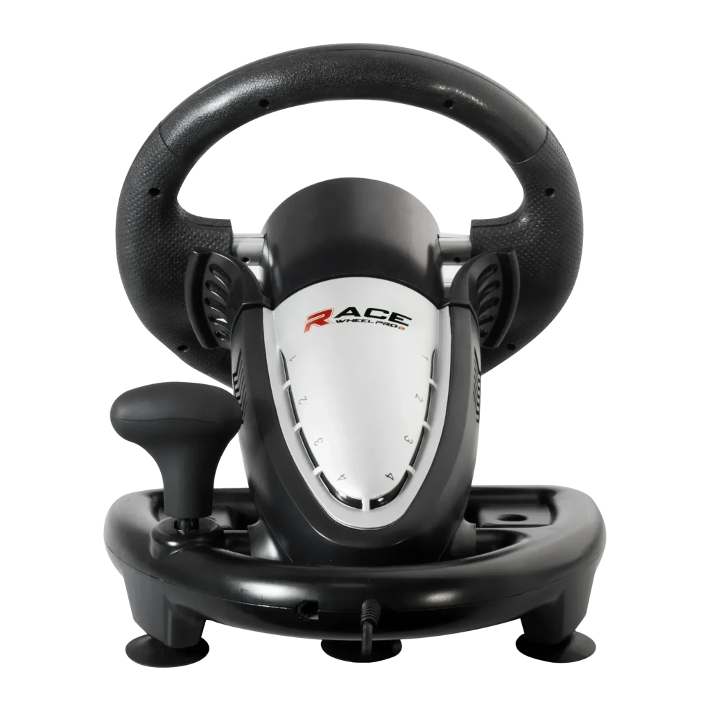 Volante gaming Spirit of Gamer Race Wheel Pro 2 PC/PS4/PS3/Xbox One Preto/Prata, vista traseira: logótipo Race Wheel Pro 2