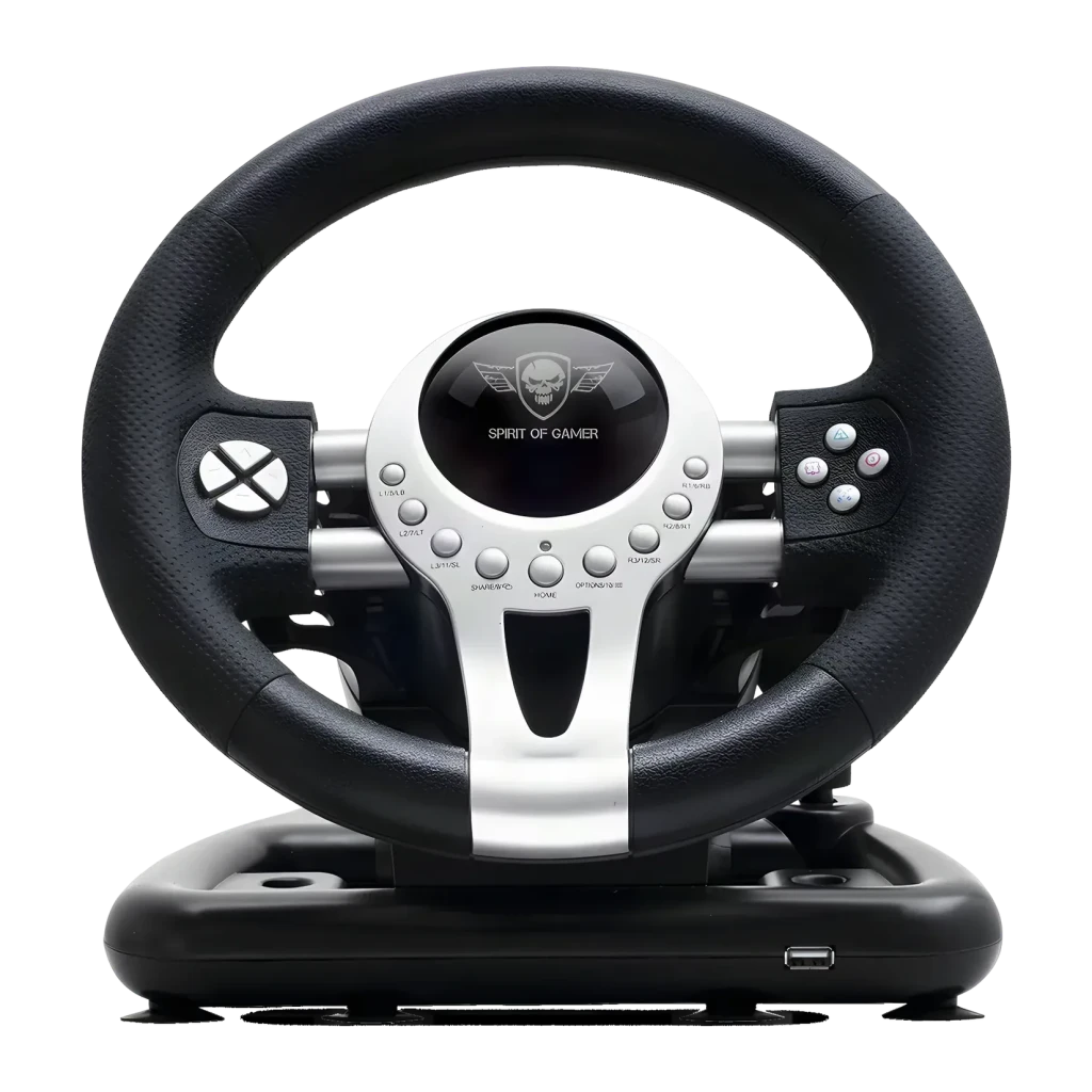 Volante gaming Spirit of Gamer Race Wheel Pro 2 PC/PS4/PS3/Xbox One Preto/Prata, detalhe frontal: painel central prateado