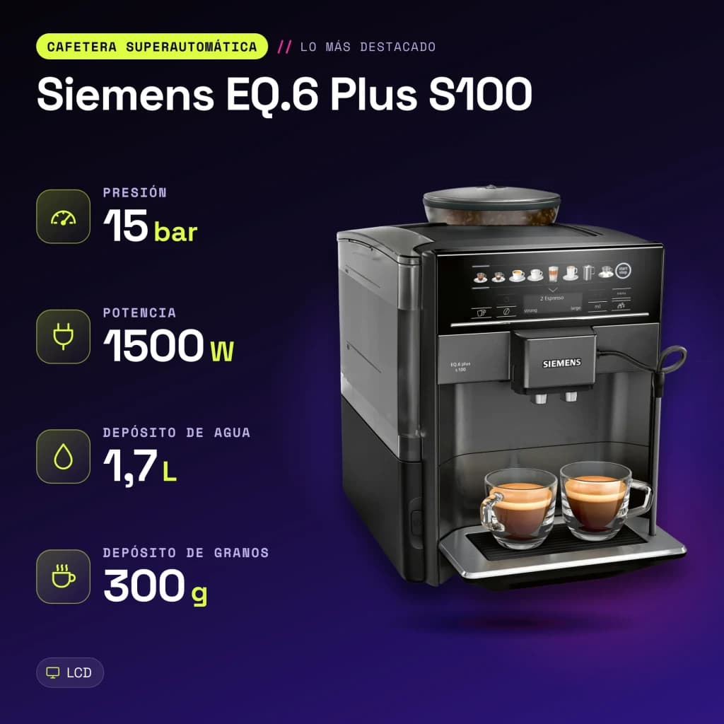 Cafetière Superautomatique Siemens EQ.6 Plus S100 Moulin Céramique 15bar 1,7L Noir - caractéristiques