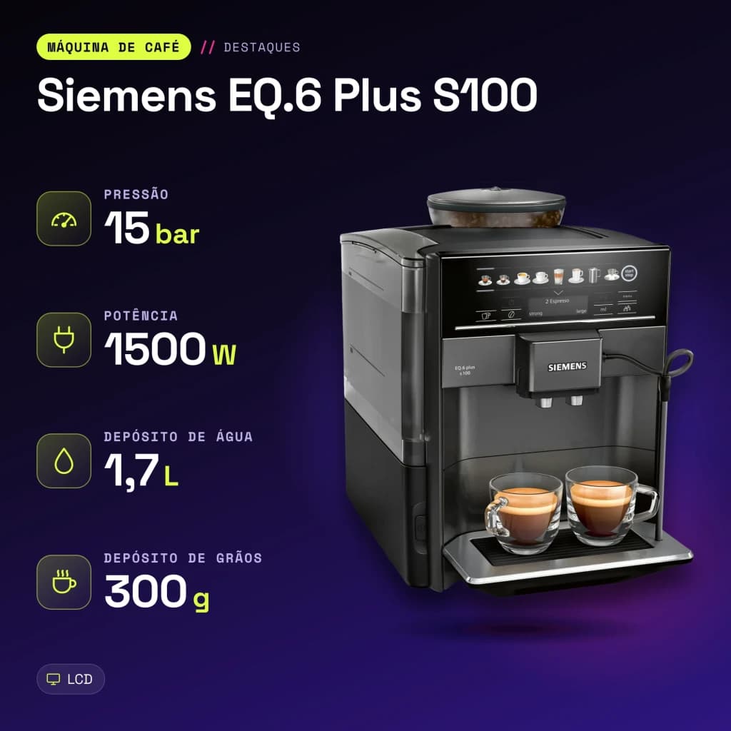 Cafetière Superautomatique Siemens EQ.6 Plus S100 Moulin Céramique 15bar 1,7L Noir - caractéristiques