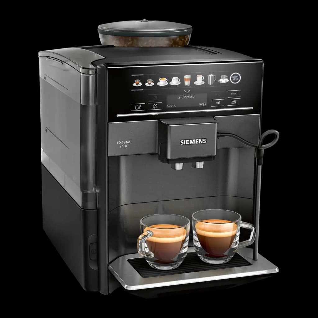Cafetière Superautomatique Siemens EQ.6 Plus S100 Moulin Céramique 15bar 1,7L Noir, vue de face: panneau tactile, trémie à