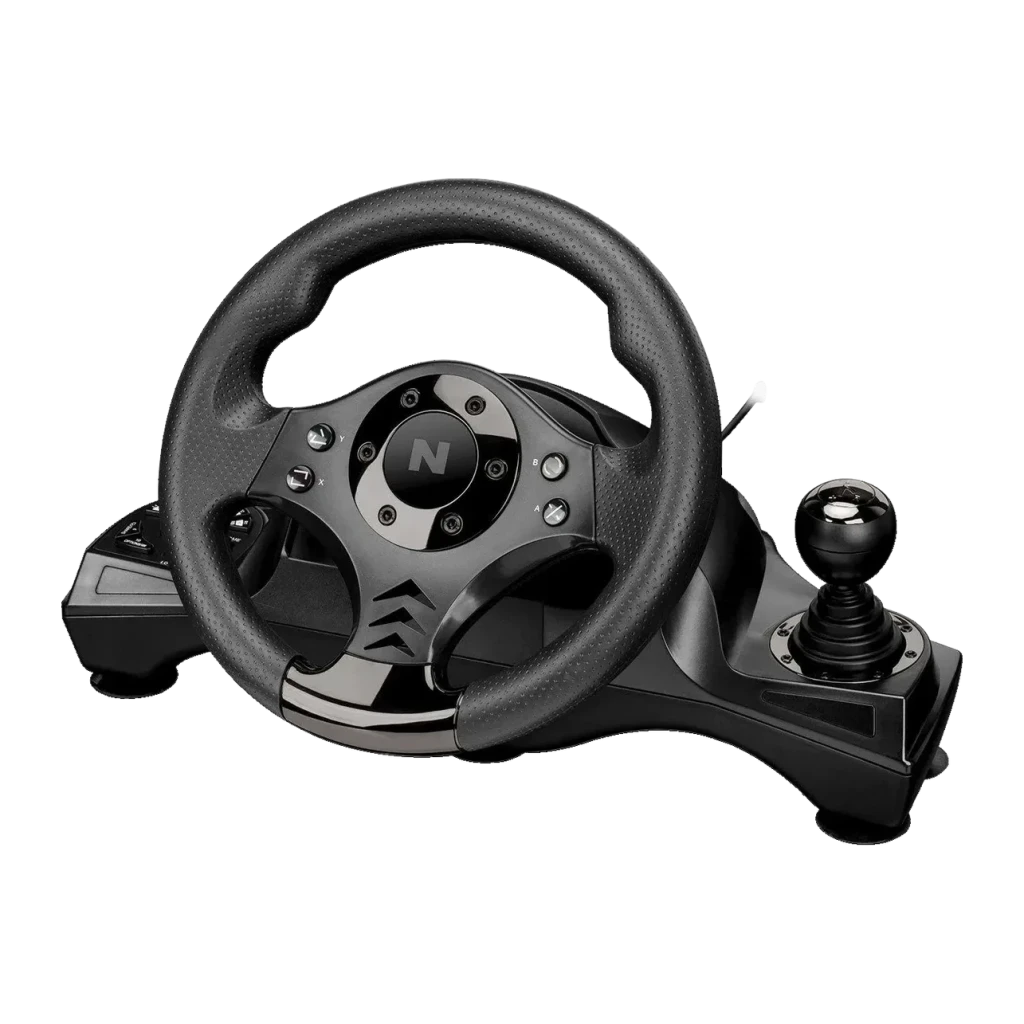 Volant de course Nitho Drive Pro V16 Force Feedback Noir, vue de face: volant trois branches, moyeu central logo N, boutons