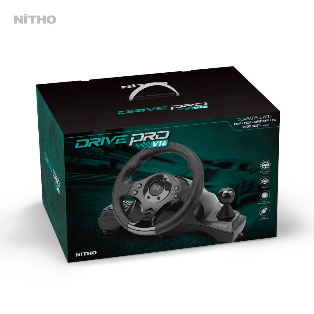 Volant de course Nitho Drive Pro V16 Force Feedback Noir, contenu de la boîte: packaging avec volant, pédales et levier