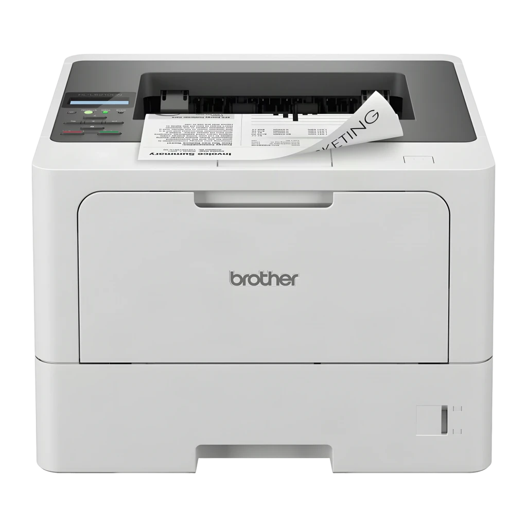 Impresora Brother HL-L5210DN Láser Monocromo Dúplex automático Blanco, vista frontal: panel de control, bandeja y papel