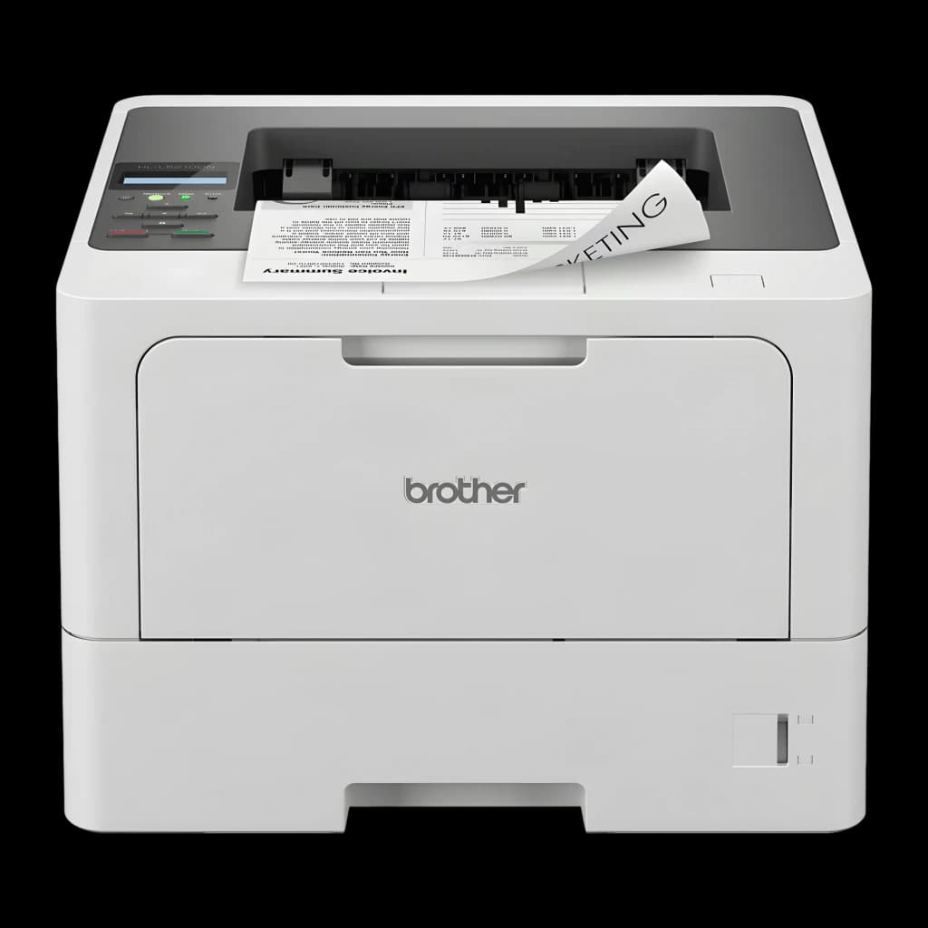 Impresora Brother HL-L5210DN Láser Monocromo Dúplex automático Blanco, vista frontal: panel de control, bandeja y papel