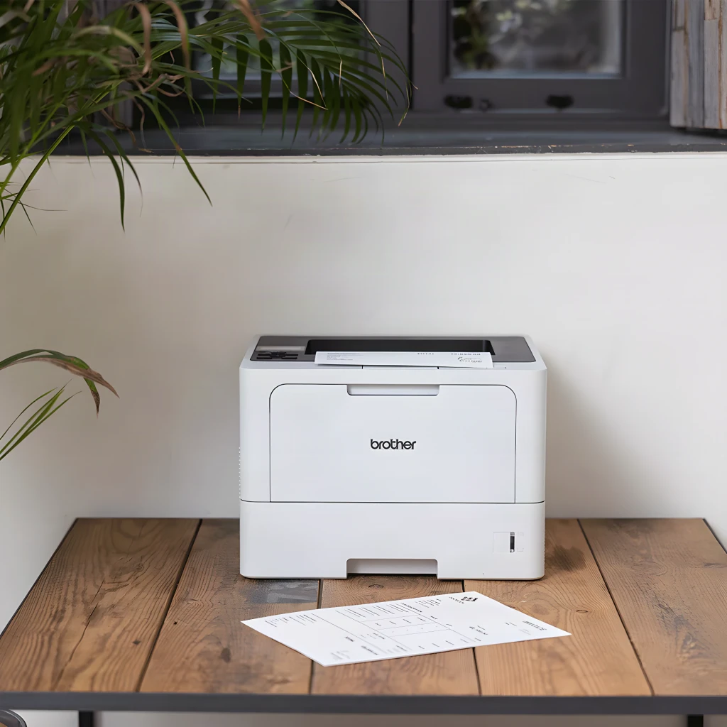 Impresora Brother HL-L5210DN Láser Monocromo Dúplex automático Blanco, en uso: sobre mesa de madera con hoja impresa delante