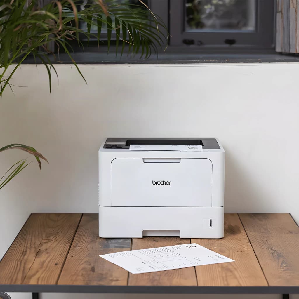 Impresora Brother HL-L5210DN Láser Monocromo Dúplex automático Blanco, en uso: sobre mesa de madera con hoja impresa delante