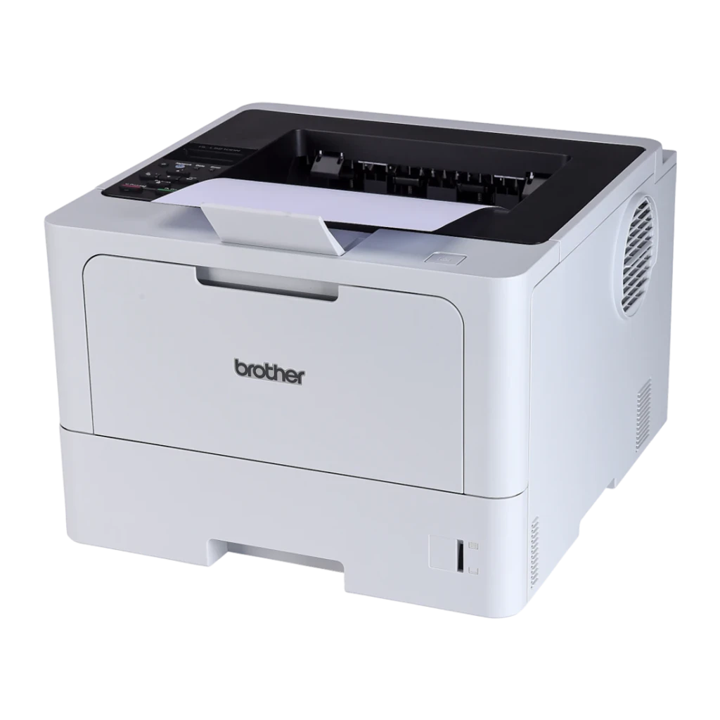 Impresora Brother HL-L5210DN Láser Monocromo Dúplex automático Blanco, detalle: vista en ángulo con papel en bandeja