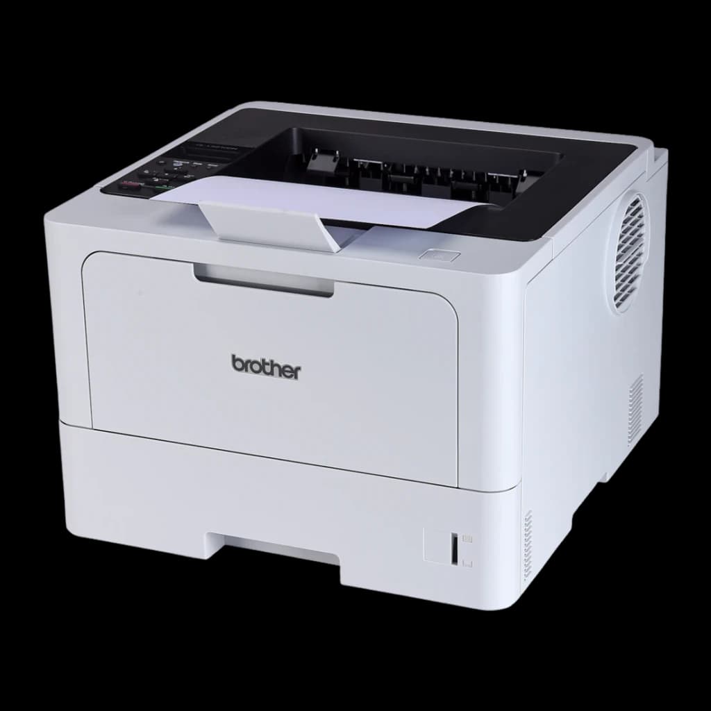 Impresora Brother HL-L5210DN Láser Monocromo Dúplex automático Blanco, detalle: vista en ángulo con papel en bandeja