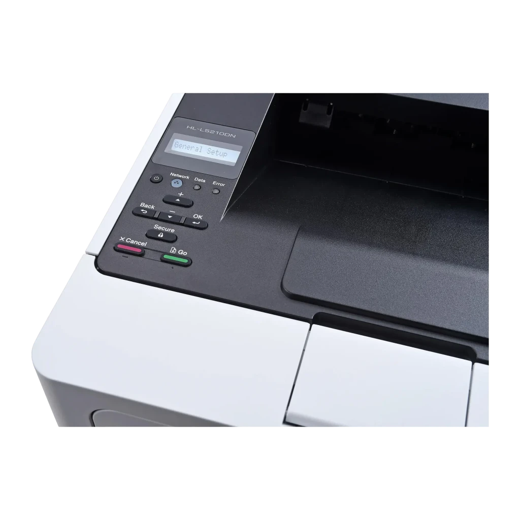 Impresora Brother HL-L5210DN Láser Monocromo Dúplex automático Blanco, detalle: panel de control con pantalla LCD mostrando