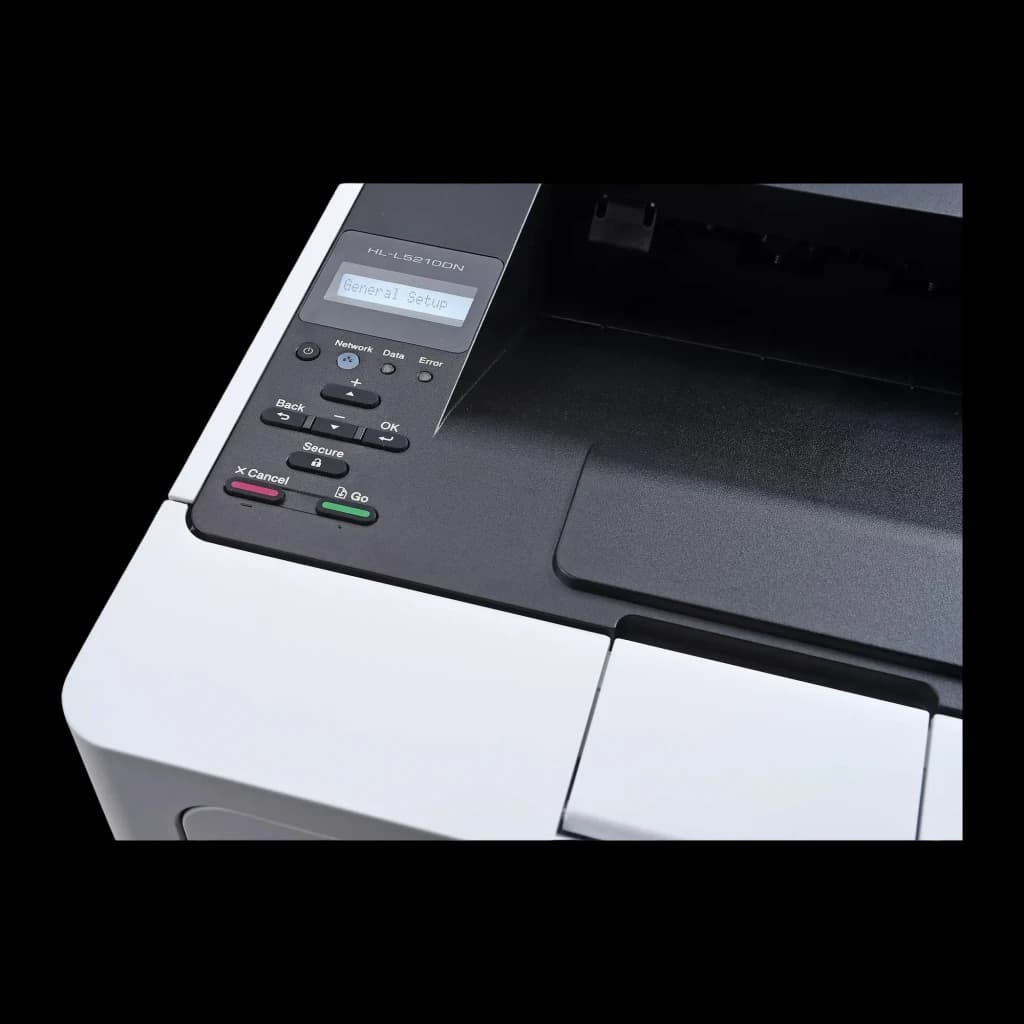 Impresora Brother HL-L5210DN Láser Monocromo Dúplex automático Blanco, detalle: panel de control con pantalla LCD mostrando