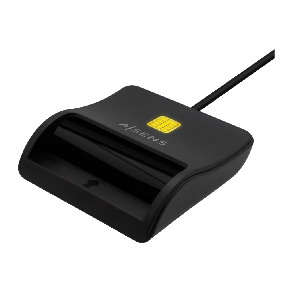 Lecteur de carte AISENS Intelligent DNIe USB 2.0 (ASCR-SN01-BK) Noir, détail: vue en perspective, fente d'insertion, logo