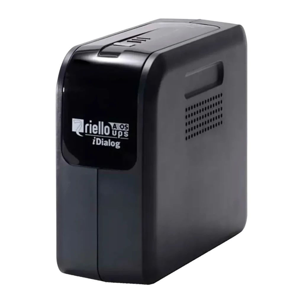 UPS Riello UPS iDialog IDG 800 Offline 800VA 480W Preto, vista frontal: caixa preta com logótipo iDialog e grelha