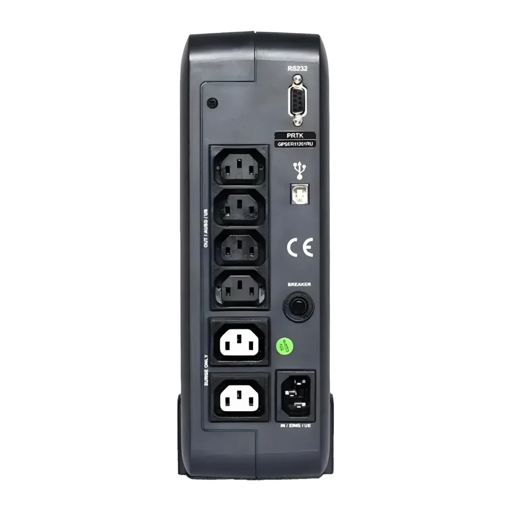 UPS Riello UPS iDialog IDG 800 Offline 800VA 480W Preto, vista traseira: tomadas IEC, porta USB, RS232 e disjuntor