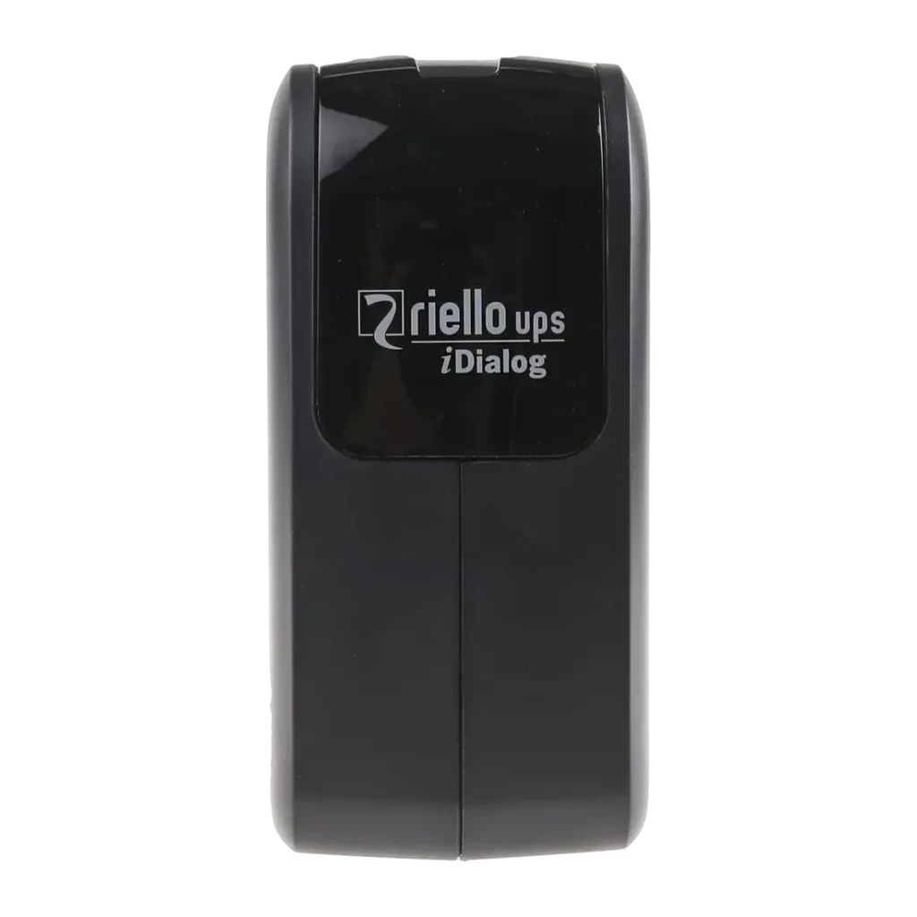 UPS Riello UPS iDialog IDG 800 Offline 800VA 480W Preto, detalhe: painel frontal com logótipo Riello UPS iDialog em caixa