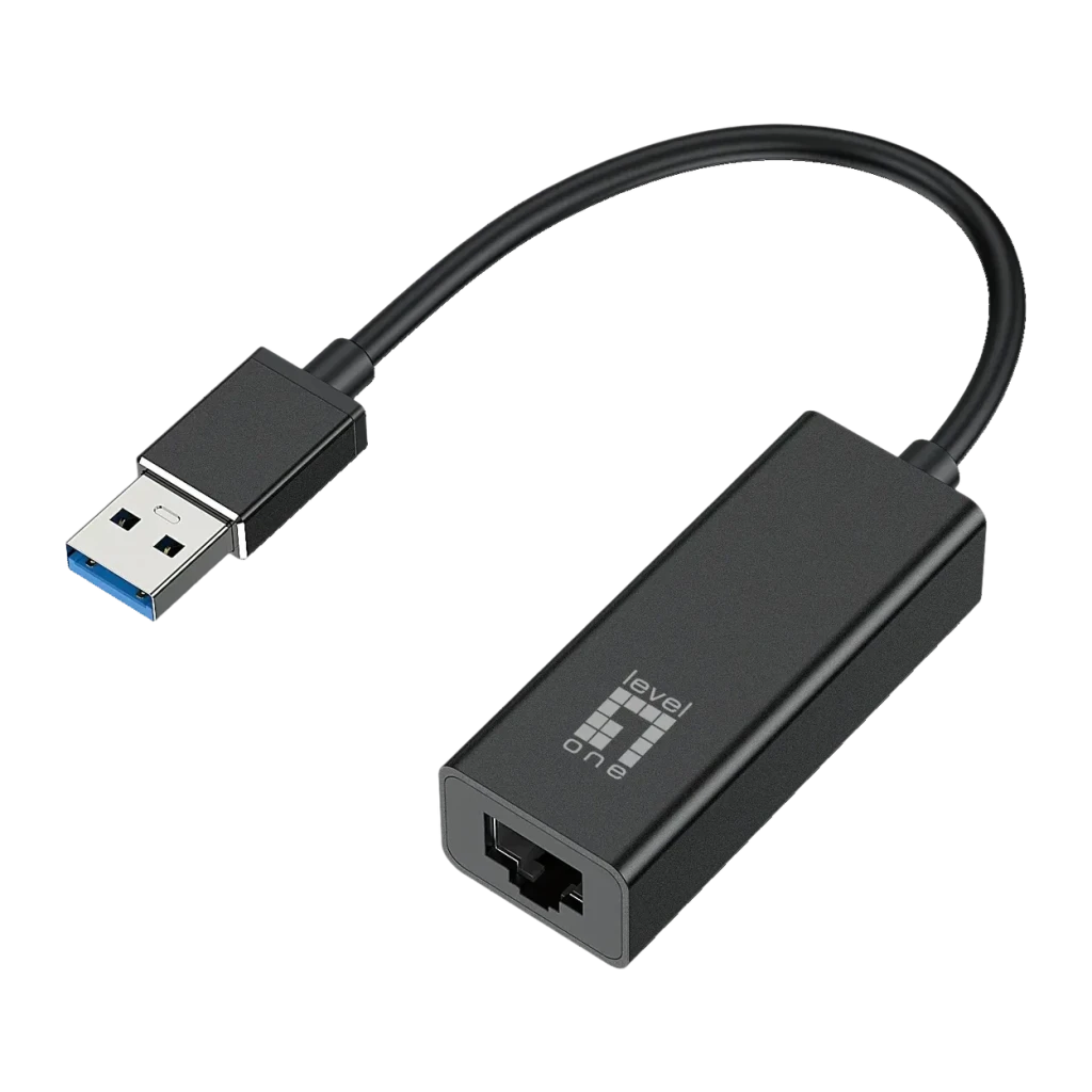 LevelOne Adaptador USB Gigabit Ethernet Preto, vista frontal: corpo preto com logo, conector USB-A azul e porta RJ45
