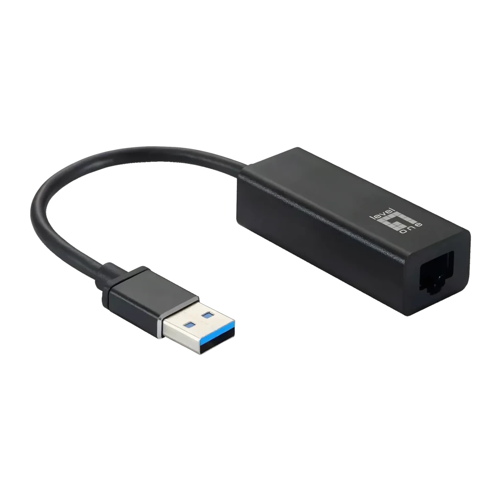 LevelOne Adaptador USB Gigabit Ethernet Preto, detalhe: conector USB-A azul, cabo e porta RJ45 visíveis em ângulo lateral