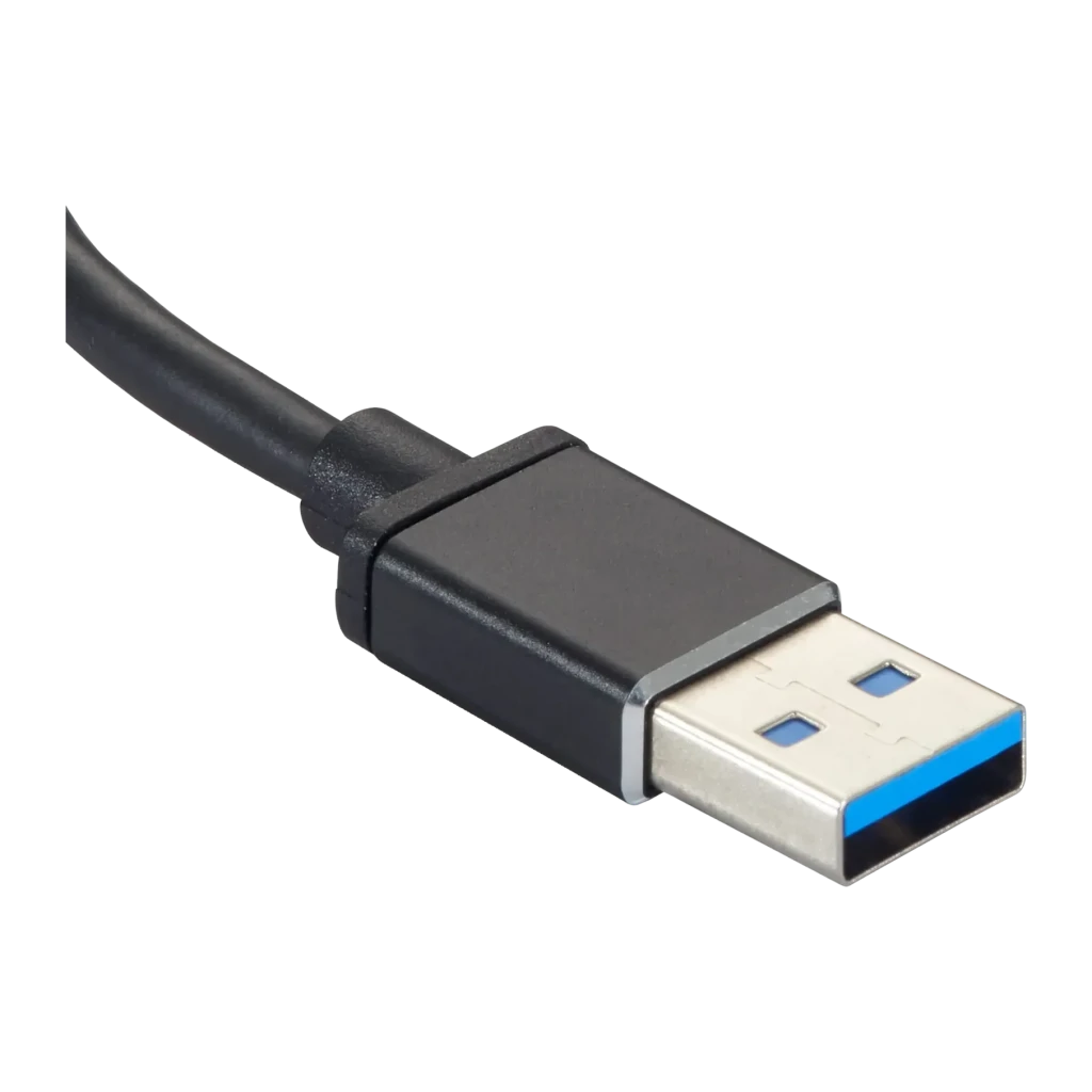 LevelOne Adaptador USB Gigabit Ethernet Preto, detalhe: conector USB-A 3.0 com aba azul e corpo cinza escuro