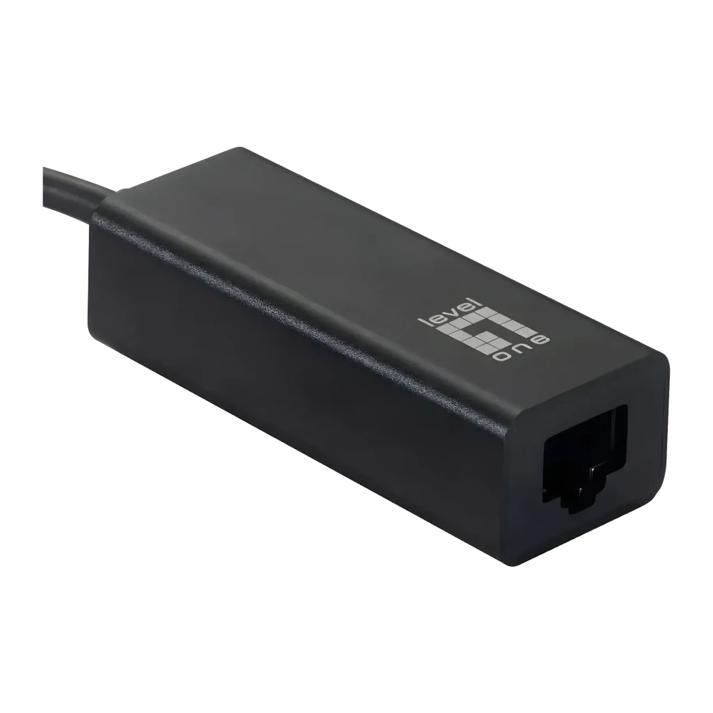 LevelOne Adaptador USB Gigabit Ethernet Preto, detalhe: vista em ângulo com porta RJ45 e logótipo LevelOne visíveis
