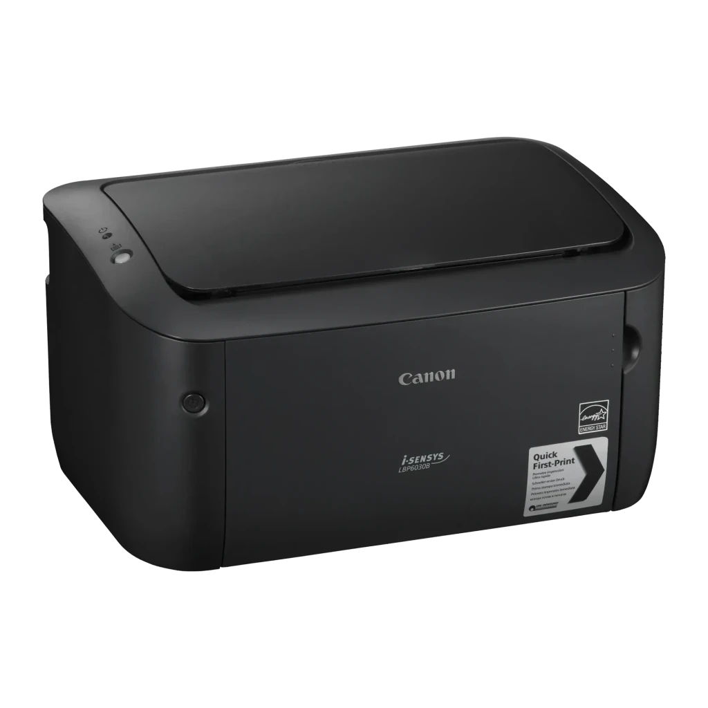 Impresora Canon i-SENSYS LBP6030B Láser Monocromo Negro, vista frontal: cuerpo compacto negro mate, logo Canon y etiqueta