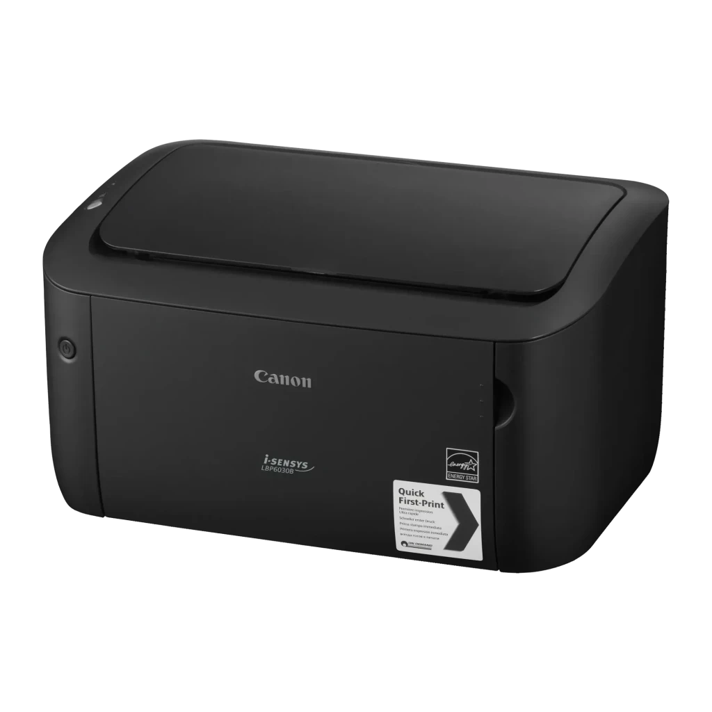 Impresora Canon i-SENSYS LBP6030B Láser Monocromo Negro, detalle: vista lateral derecha con logo Canon, etiqueta i-SENSYS