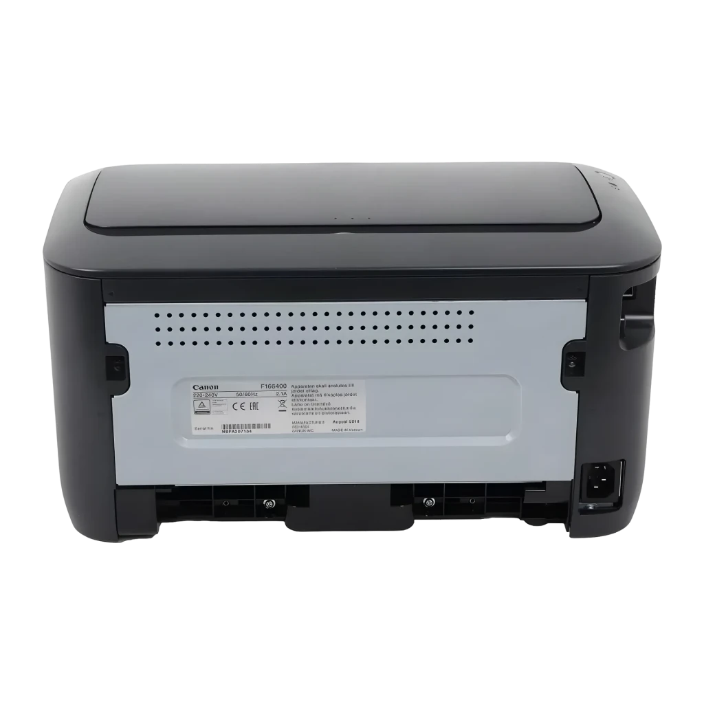 Impresora Canon i-SENSYS LBP6030B Láser Monocromo Negro, vista trasera: panel con rejilla de ventilación, etiqueta
