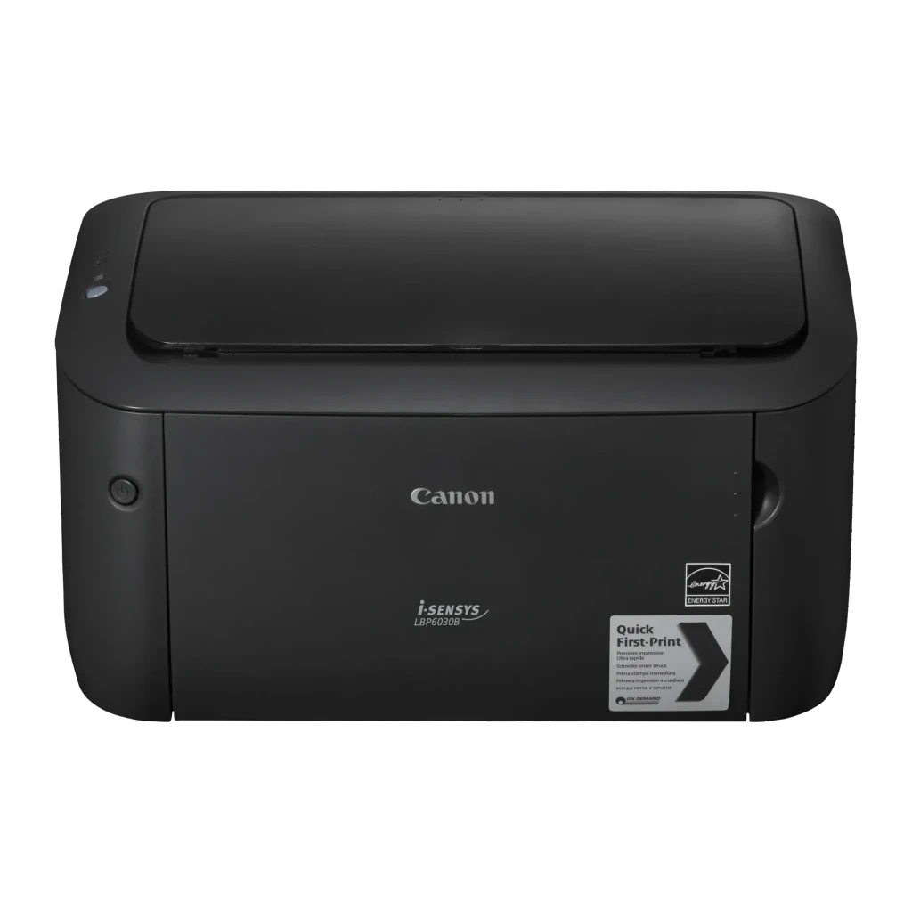 Impresora Canon i-SENSYS LBP6030B Láser Monocromo Negro, detalle frontal: logo Canon, etiqueta i-SENSYS y sello Energy Star