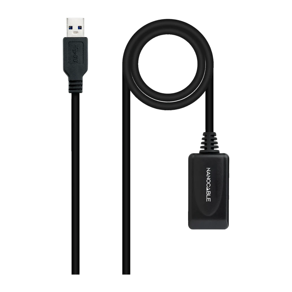 Câble Nanocable USB 3.0 Rallonge avec Amplificateur Type A/M-A/F 5m Noir, vue de face: connecteur type A mâle à intérieur
