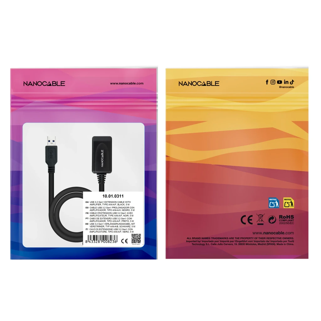 Câble Nanocable USB 3.0 Rallonge avec Amplificateur Type A/M-A/F 5m Noir, contenu boîte: faces avant et arrière