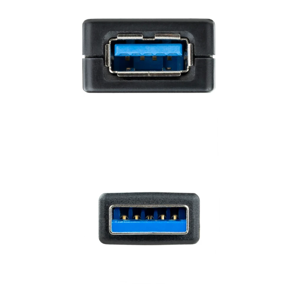 Câble Nanocable USB 3.0 Rallonge avec Amplificateur Type A/M-A/F 5m Noir, détail: connecteurs mâle et femelle avec intérieur