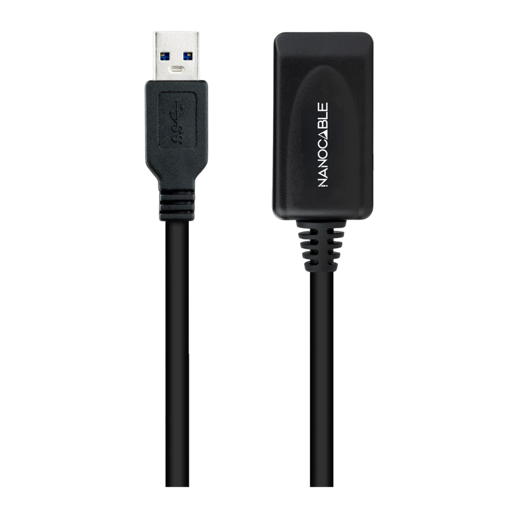 Câble Nanocable USB 3.0 Rallonge avec Amplificateur Type A/M-A/F 5m Noir, détail: connecteur mâle USB-A bleu et boîtier