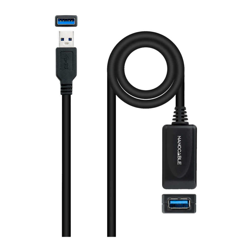 Câble Nanocable USB 3.0 Rallonge avec Amplificateur Type A/M-A/F 5m Noir, détail: connecteur mâle USB-A bleu, boîtier